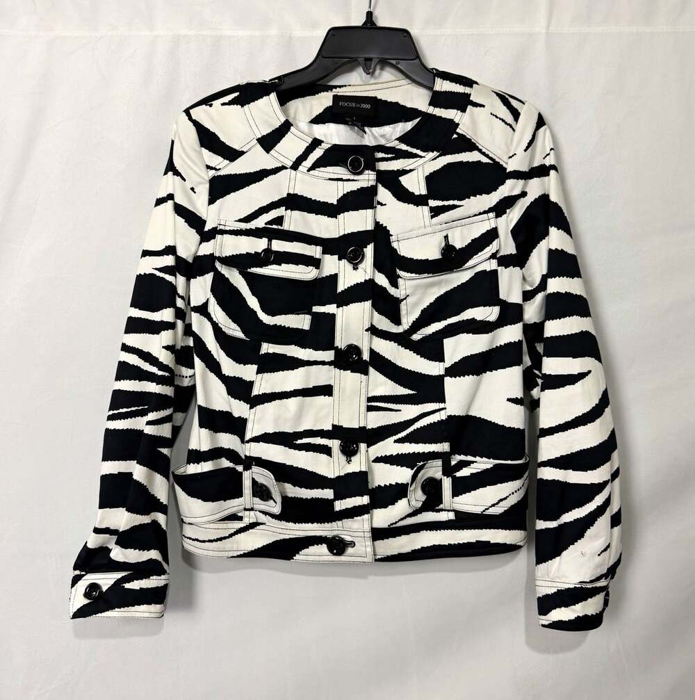 Focus 2000 Women's Black White Zebra Button Jacket Blazer Sz 6